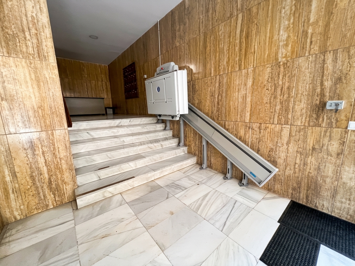 Escaleras interiores con elevador para sillas de ruedas, accesibilidad