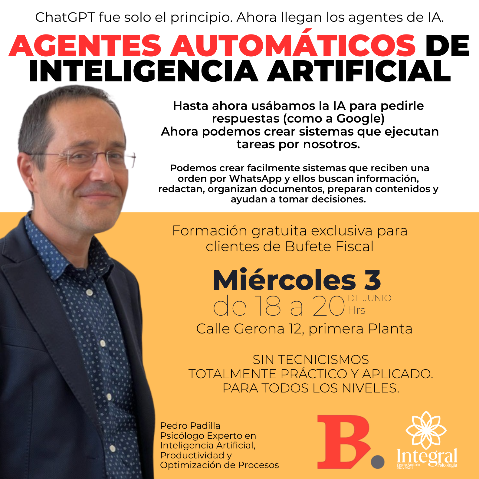 Cartel de la formación Agentes Automáticos de Inteligencia Artificial impartida por Pedro Padilla el 3 de junio de 2026 en Almería
