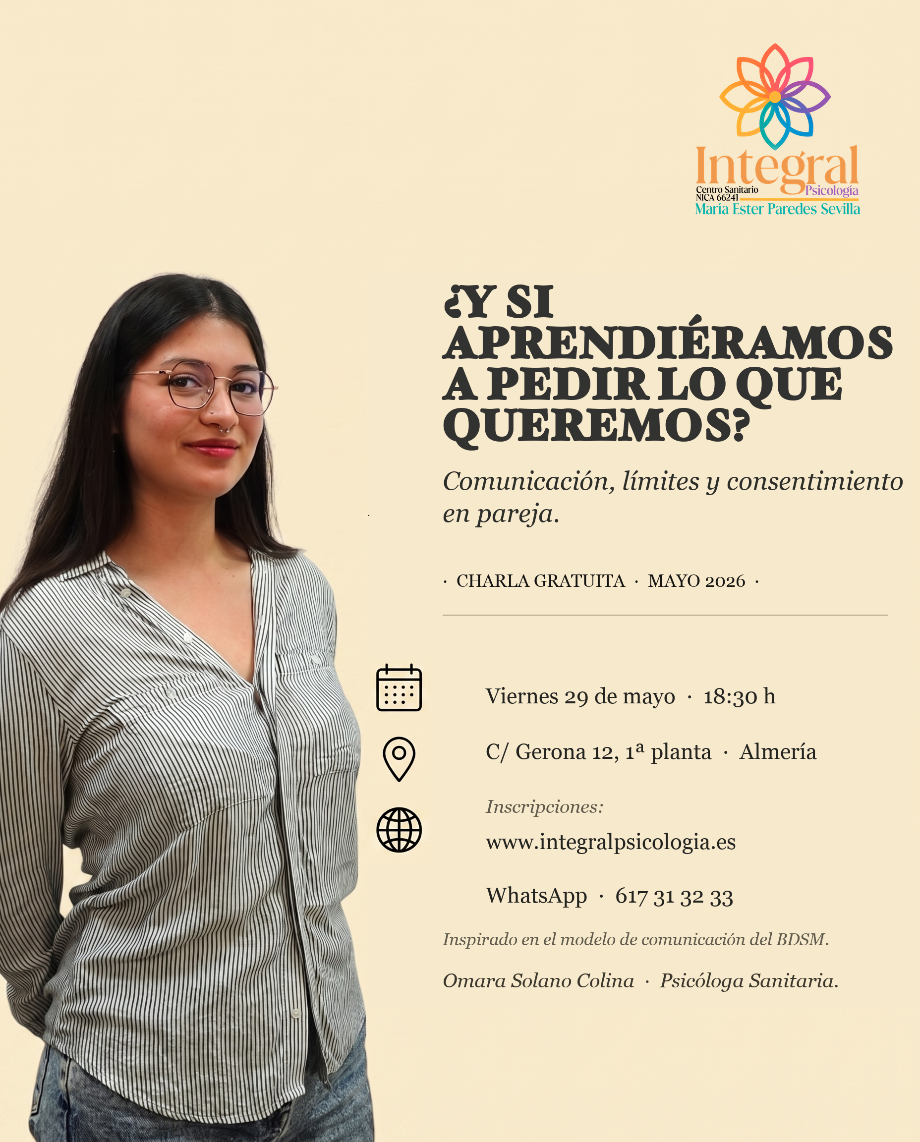 Cartel · Charla '¿Y si aprendiéramos a pedir lo que queremos?' · Omara Solano · 29 mayo 2026 · 18:30h