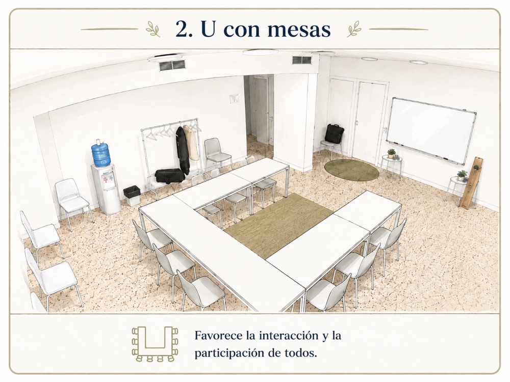 Dibujo de la sala en U con mesas