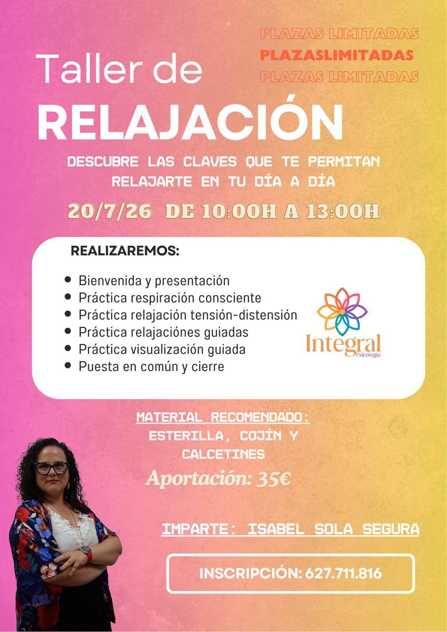 Cartel Taller de Relajación con Isabel Sola Segura · 20 de julio de 2026